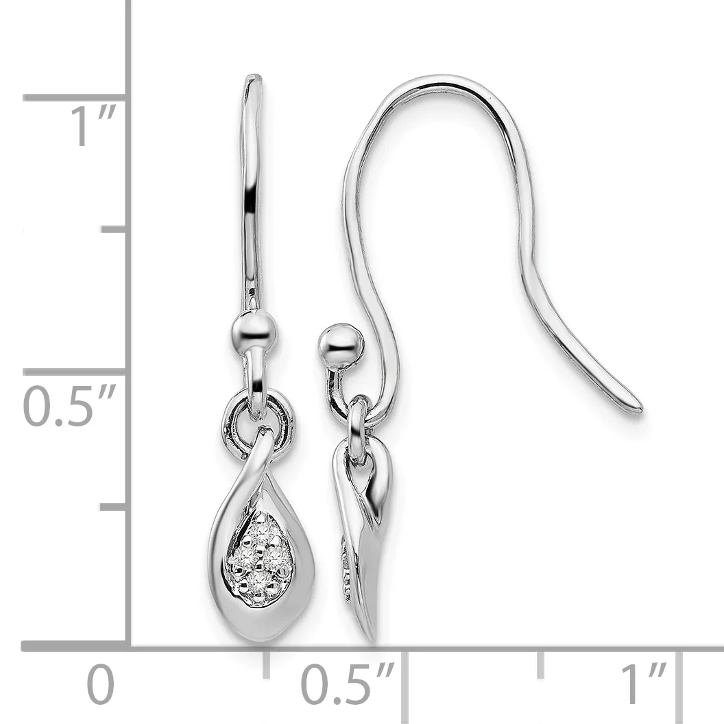 A pair of silver teardrop earrings with diamond accents, shown next to a ruler measuring approximately one inch in length.