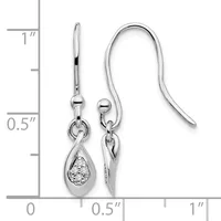 A pair of silver teardrop earrings with diamond accents, shown next to a ruler measuring approximately one inch in length.