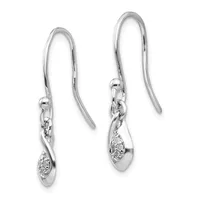 A pair of silver drop earrings with fish hook closures, each featuring a teardrop-shaped pendant set with small diamonds.