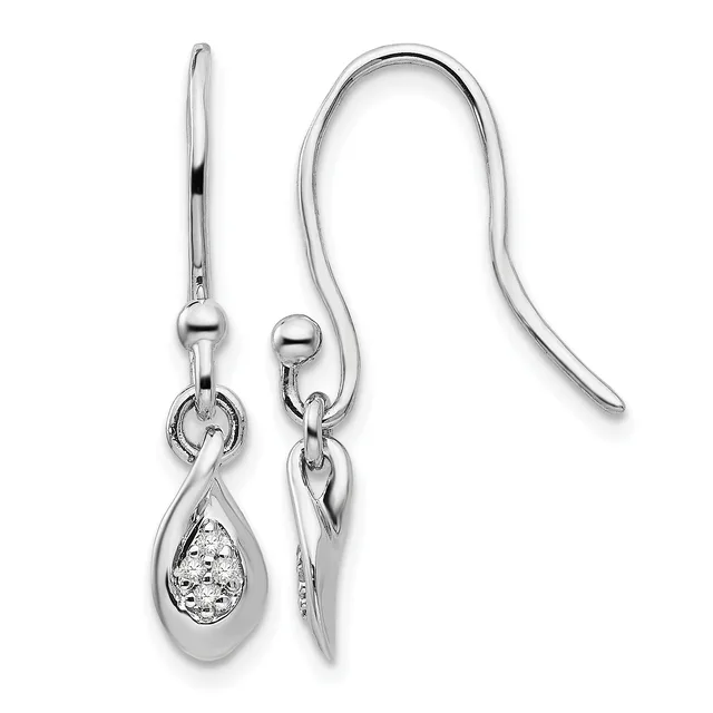 Pair of silver teardrop earrings with diamond or crystal pavé settings, suspended from curved fish hook wires.
