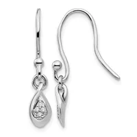 Pair of silver teardrop earrings with diamond or crystal pavé settings, suspended from curved fish hook wires.