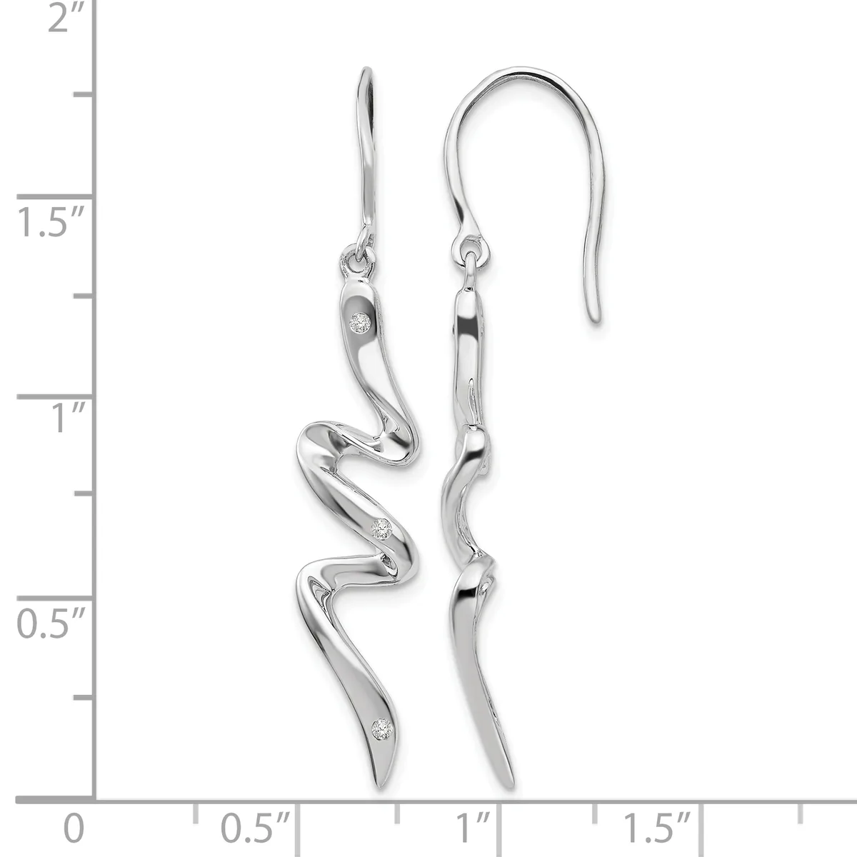 A pair of silver drop earrings with wavy, curved designs and fish hook closures, shown against a measurement scale indicating approximately 1.5 inches in length.