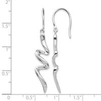 A pair of silver drop earrings with wavy, curved designs and fish hook closures, shown against a measurement scale indicating approximately 1.5 inches in length.
