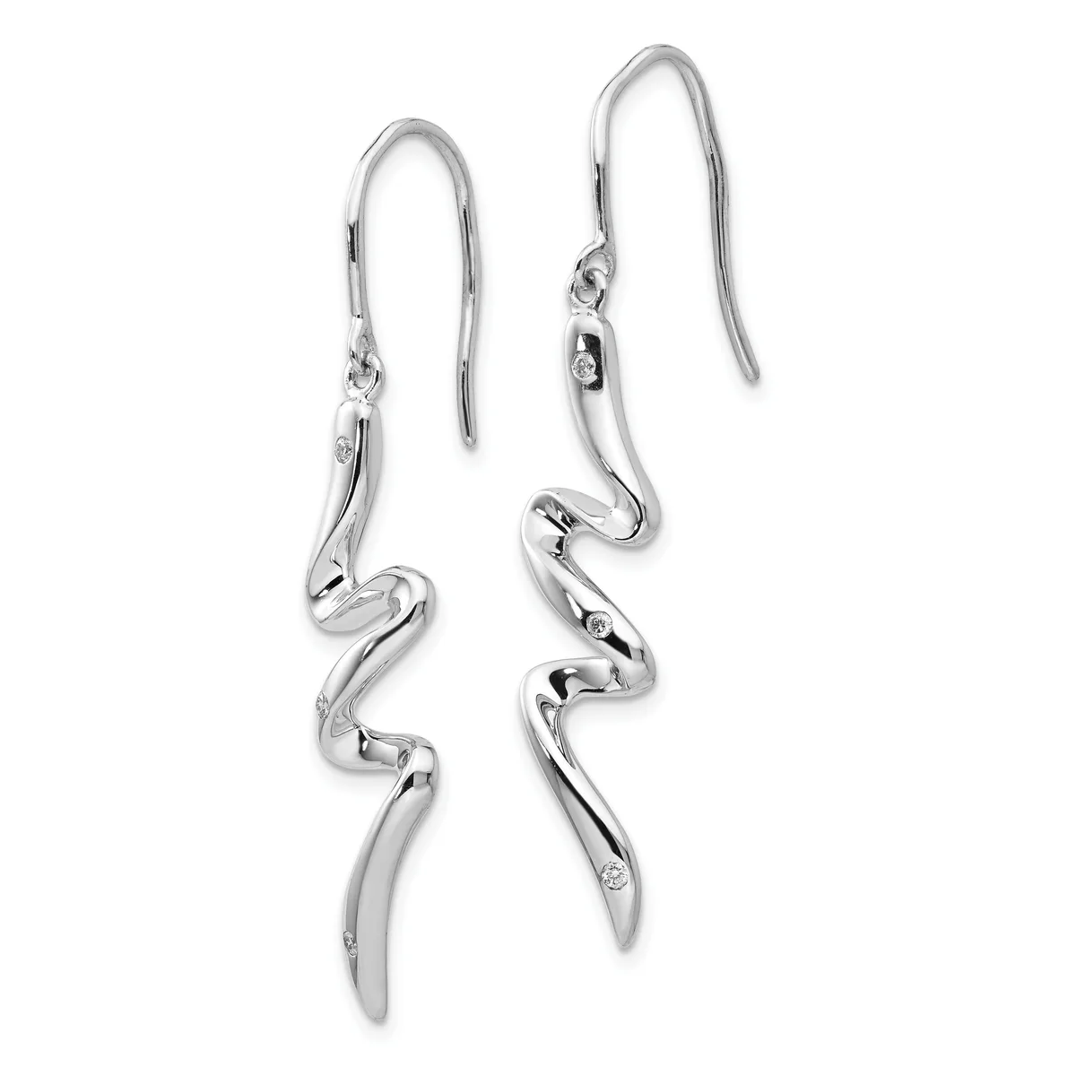 A pair of silver twisted drop earrings with small diamond accents, displayed against a white background.