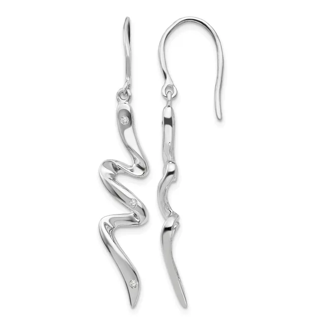 A pair of silver drop earrings with curved, wavy designs and small diamond accents, displayed on a white background.