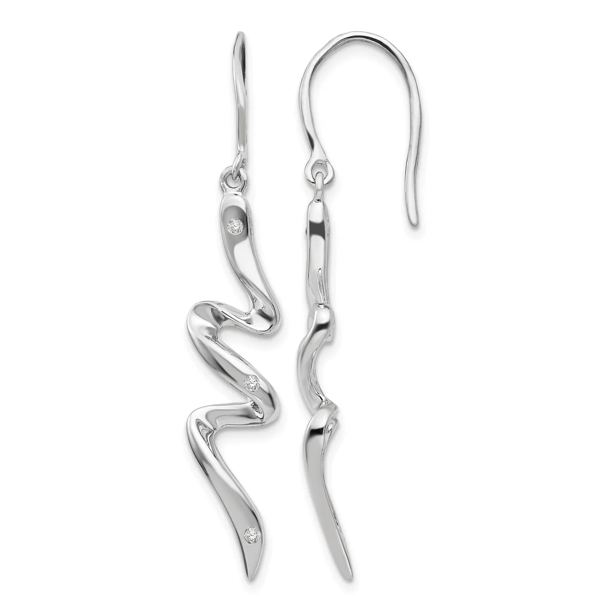 A pair of silver drop earrings with curved, wavy designs and small diamond accents, displayed on a white background.