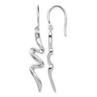 A pair of silver drop earrings with curved, wavy designs and small diamond accents, displayed on a white background.