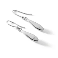 A pair of silver teardrop earrings with small diamond accents, suspended from curved wire hooks.