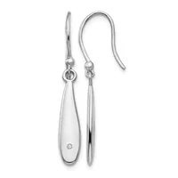A pair of silver teardrop earrings with fish hook wires, one featuring a small diamond accent, displayed against a white background.