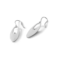 A pair of silver oval dangle earrings with hook closures displayed against a white background.