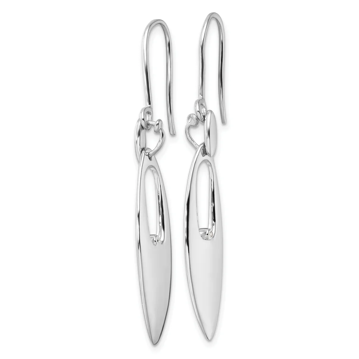 Pair of silver dangle earrings with long oval-shaped pendants hanging from curved ear wires with small connector loops.