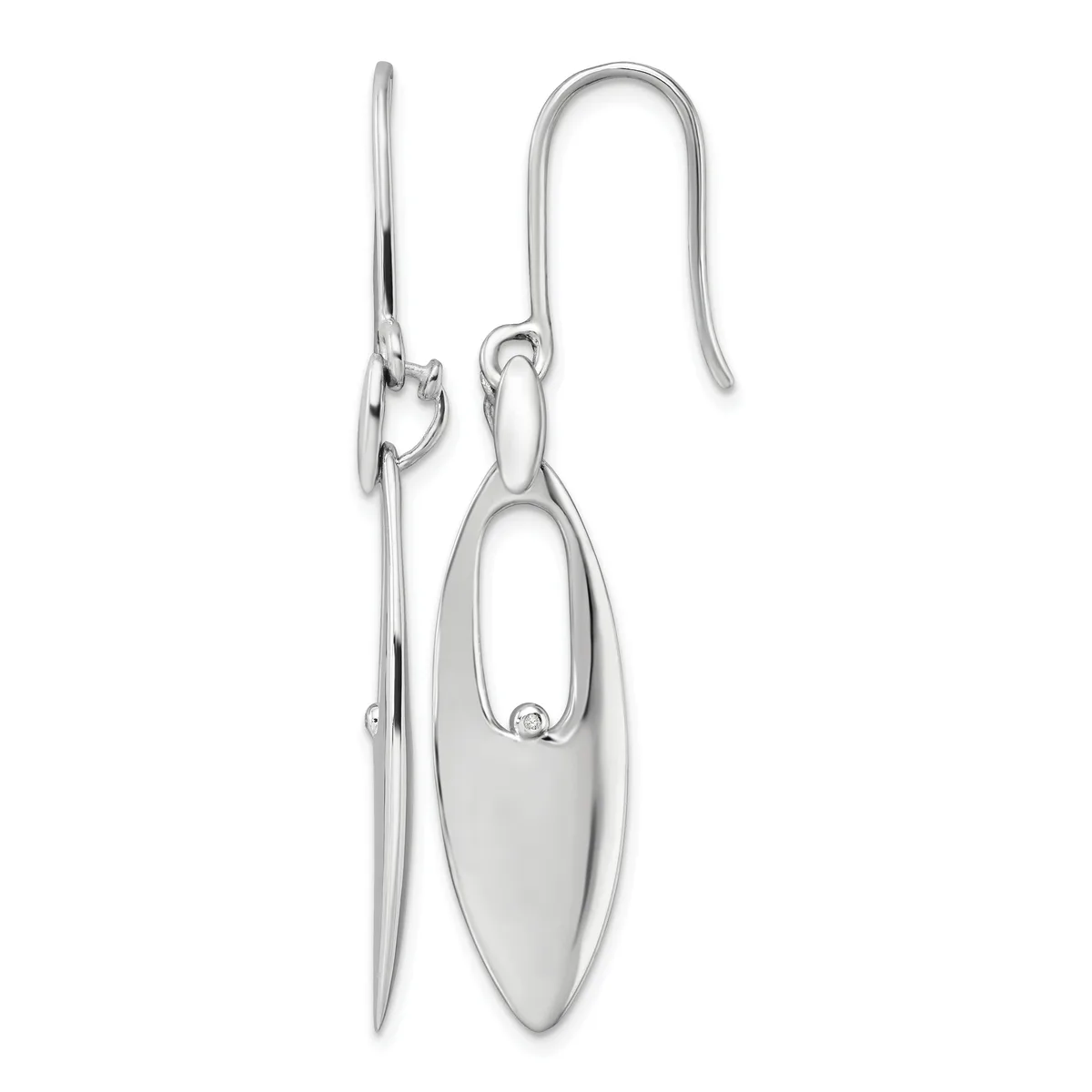 Pair of polished silver-toned elongated oval dangle earrings with fishhook ear wires, displayed side by side.
