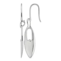 Pair of polished silver-toned elongated oval dangle earrings with fishhook ear wires, displayed side by side.