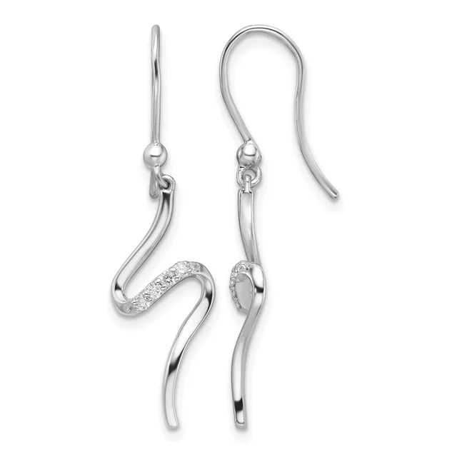 A pair of silver drop earrings with curved hook wires, featuring wavy curved pendants with one accented by small crystals or diamonds.
