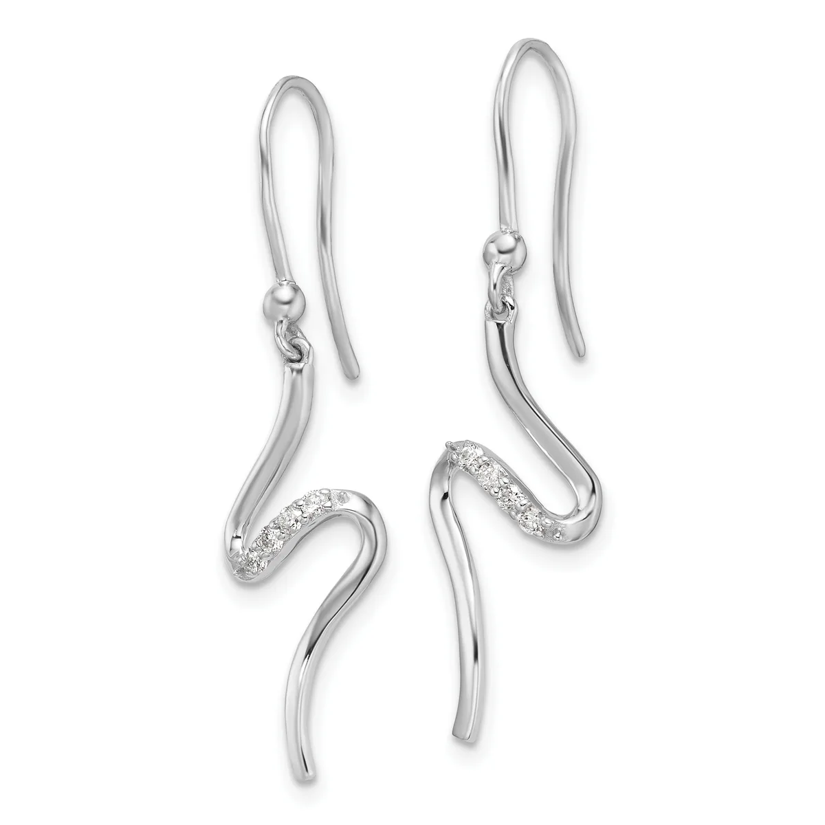 A pair of silver curved drop earrings with fish hook closures, one featuring a diamond-set curved accent band.