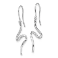 A pair of silver curved drop earrings with fish hook closures, one featuring a diamond-set curved accent band.
