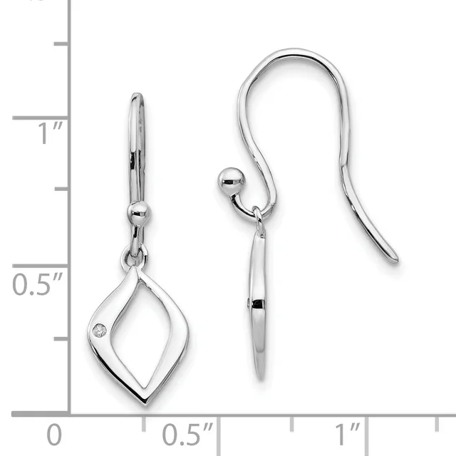 A pair of silver drop earrings with curved hooks, featuring elongated diamond-shaped pendants with small gemstones, displayed against a measurement ruler.