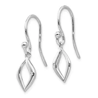 Pair of silver drop earrings with curved leaf-shaped pendants set with small round stones, suspended from hook-style ear wires.