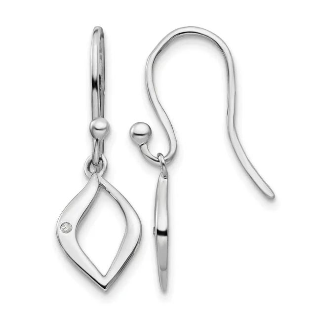 A pair of silver earrings with open diamond-shaped pendants and fish hook ear wires, displayed front and back views, with one pendant featuring a small diamond.