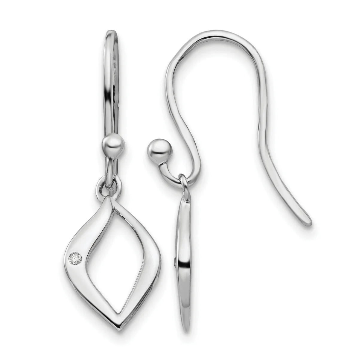 A pair of silver earrings with open diamond-shaped pendants and fish hook ear wires, displayed front and back views, with one pendant featuring a small diamond.