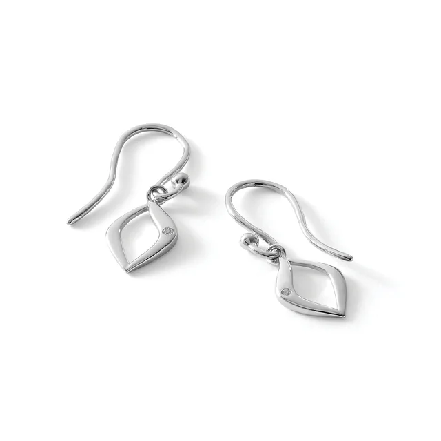 A pair of silver drop earrings with curved ear wires and angular diamond-shaped pendants, displayed on a white background.