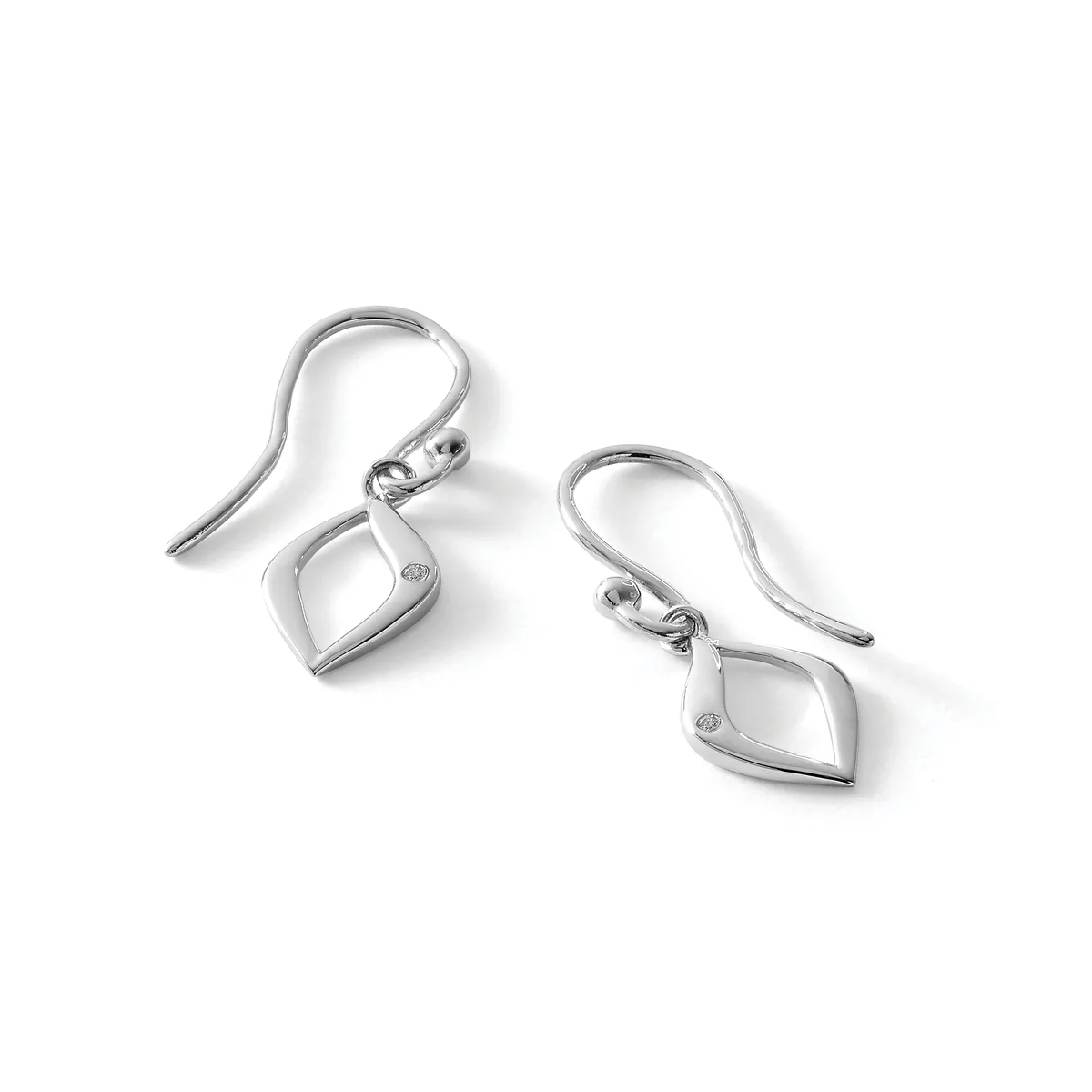 A pair of silver drop earrings with curved ear wires and angular diamond-shaped pendants, displayed on a white background.