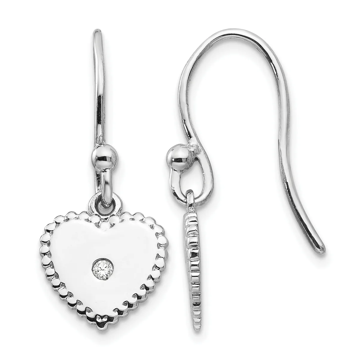 A pair of silver heart-shaped dangle earrings with beaded borders and center diamonds, shown from front and side views on French wire hooks.