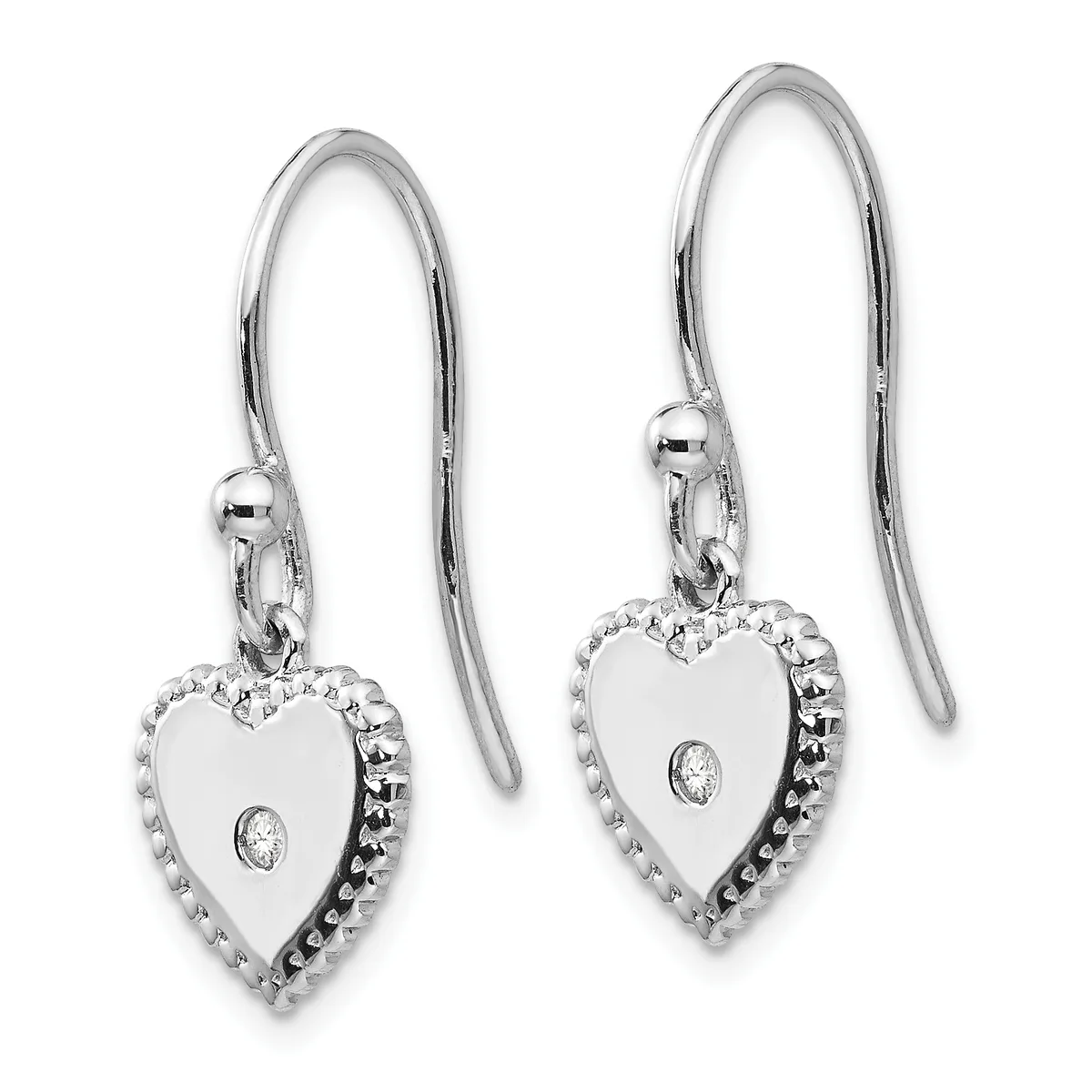 A pair of silver heart-shaped dangle earrings with beaded edges and small round diamond accents in the center, suspended from curved wire hooks.