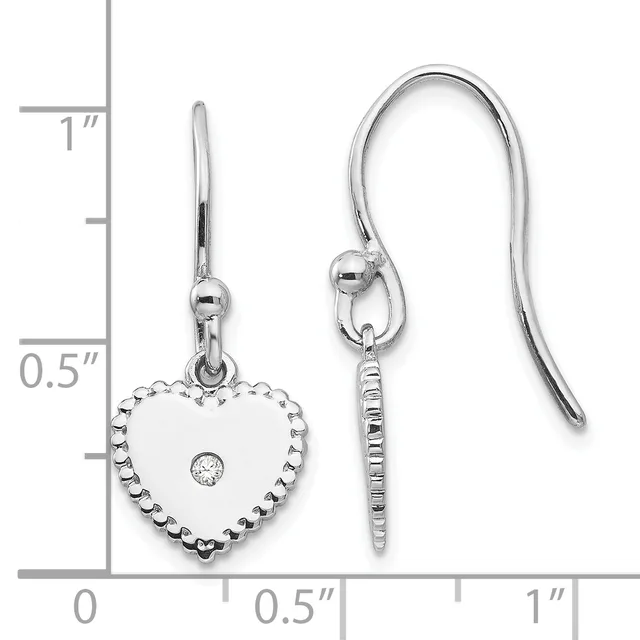 Silver heart-shaped earrings with beaded borders and center cubic zirconia stones, displayed next to a measurement scale showing approximately one inch in length.