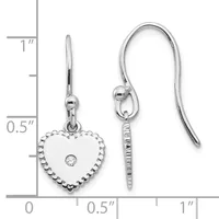 Silver heart-shaped earrings with beaded borders and center cubic zirconia stones, displayed next to a measurement scale showing approximately one inch in length.