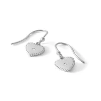 Pair of silver heart-shaped dangle earrings with beaded edges and small center crystals, suspended from curved ear wires.