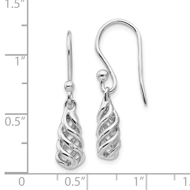 A pair of silver twisted teardrop earrings with French wire hooks displayed next to a measurement ruler showing approximately one inch in length.