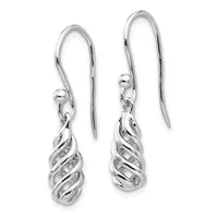 A pair of silver twisted teardrop earrings with fish hook ear wires, displayed against a white background.