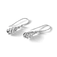A pair of silver spiral drop earrings with hook-style ear wires, displayed against a white background.
