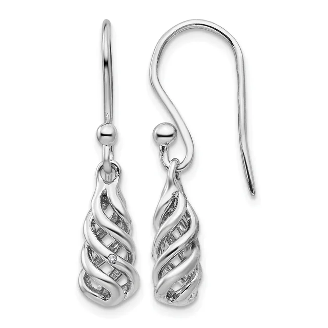 A pair of silver teardrop earrings with twisted spiral detailing and diamond accents, displayed on fish hook ear wires.
