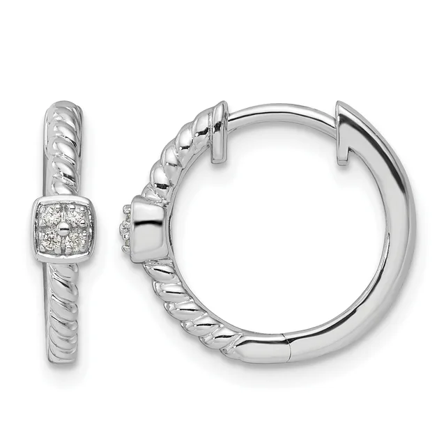 Pair of silver hoop earrings with twisted rope texture and square diamond-set accents, shown from front and side views.
