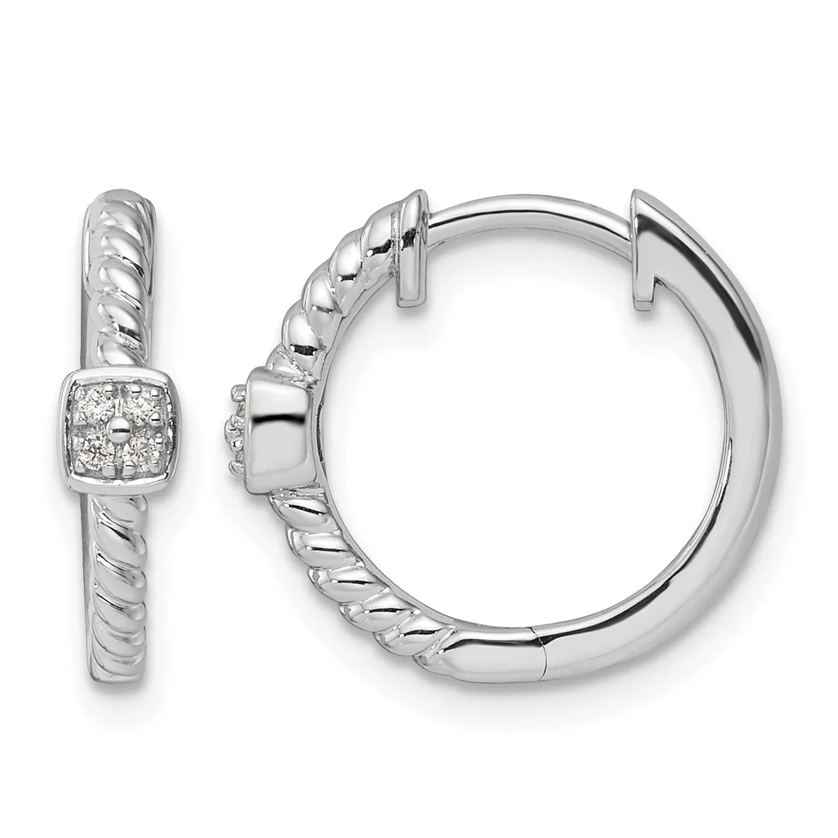 Pair of silver hoop earrings with twisted rope texture and square diamond-set accents, shown from front and side views.