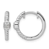 Pair of silver hoop earrings with twisted rope texture and square diamond-set accents, shown from front and side views.