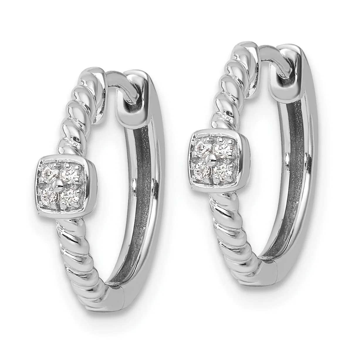 A pair of silver hoop earrings with twisted rope texture and square diamond-set stations, shown from the front.