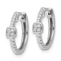 A pair of silver hoop earrings with twisted rope texture and square diamond-set stations, shown from the front.