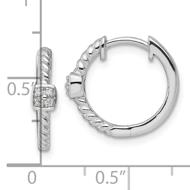 Silver hoop earrings with twisted texture and square diamond-set accents, shown from front and side views with a measurement scale indicating approximately 0.5 inch diameter.