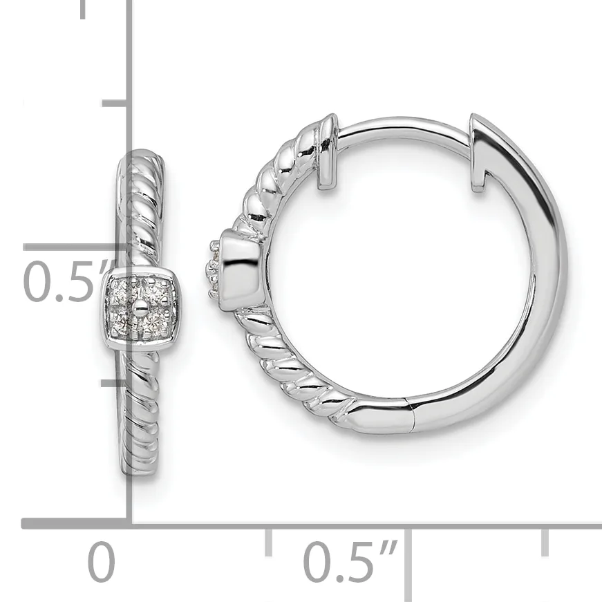 Silver hoop earrings with twisted texture and square diamond-set accents, shown from front and side views with a measurement scale indicating approximately 0.5 inch diameter.