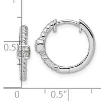 Silver hoop earrings with twisted texture and square diamond-set accents, shown from front and side views with a measurement scale indicating approximately 0.5 inch diameter.