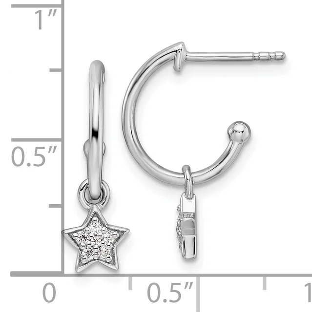 Silver hoop earrings with dangling star charms set with small diamonds, displayed against a ruler showing approximately one inch in height.