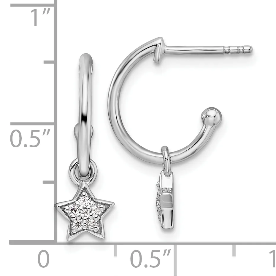 Silver hoop earrings with dangling star charms set with small diamonds, displayed against a ruler showing approximately one inch in height.
