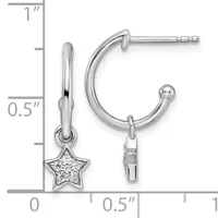 Silver hoop earrings with dangling star charms set with small diamonds, displayed against a ruler showing approximately one inch in height.