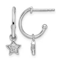Pair of silver hoop earrings with star-shaped charms set with small diamonds, shown from front and side angles.