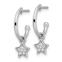 Pair of silver hoop earrings with dangling star charms set with small round diamonds, shown from the front on a white background.