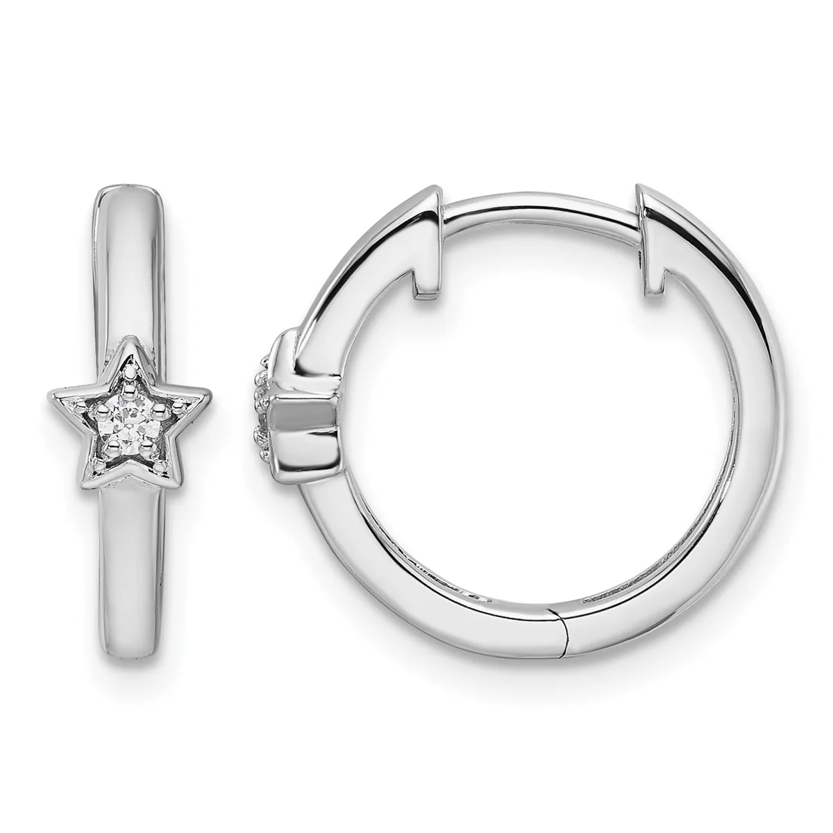 Pair of silver hoop earrings with star charms set with small diamonds, shown from front and side views.