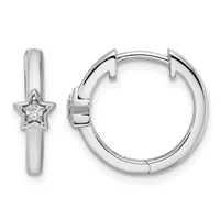 Pair of silver hoop earrings with star charms set with small diamonds, shown from front and side views.